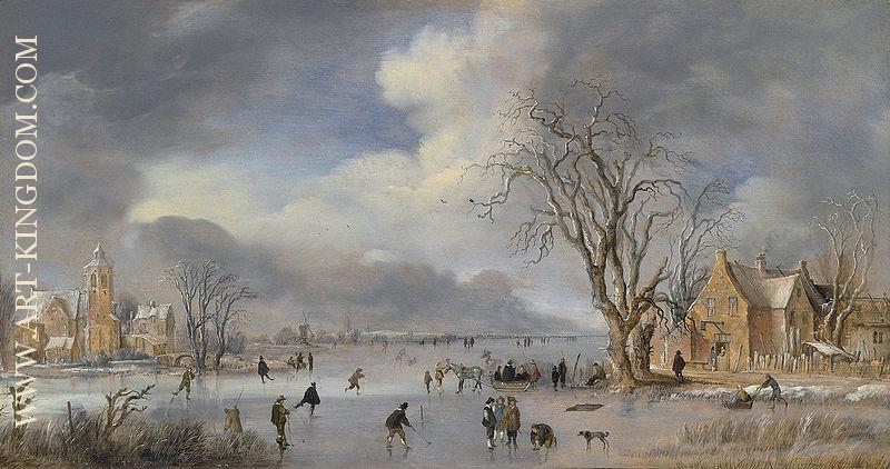 Winterlandschap met schaatsers en kolfspelers ca  1642