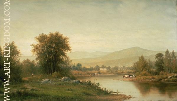 River and Mountains with Cows