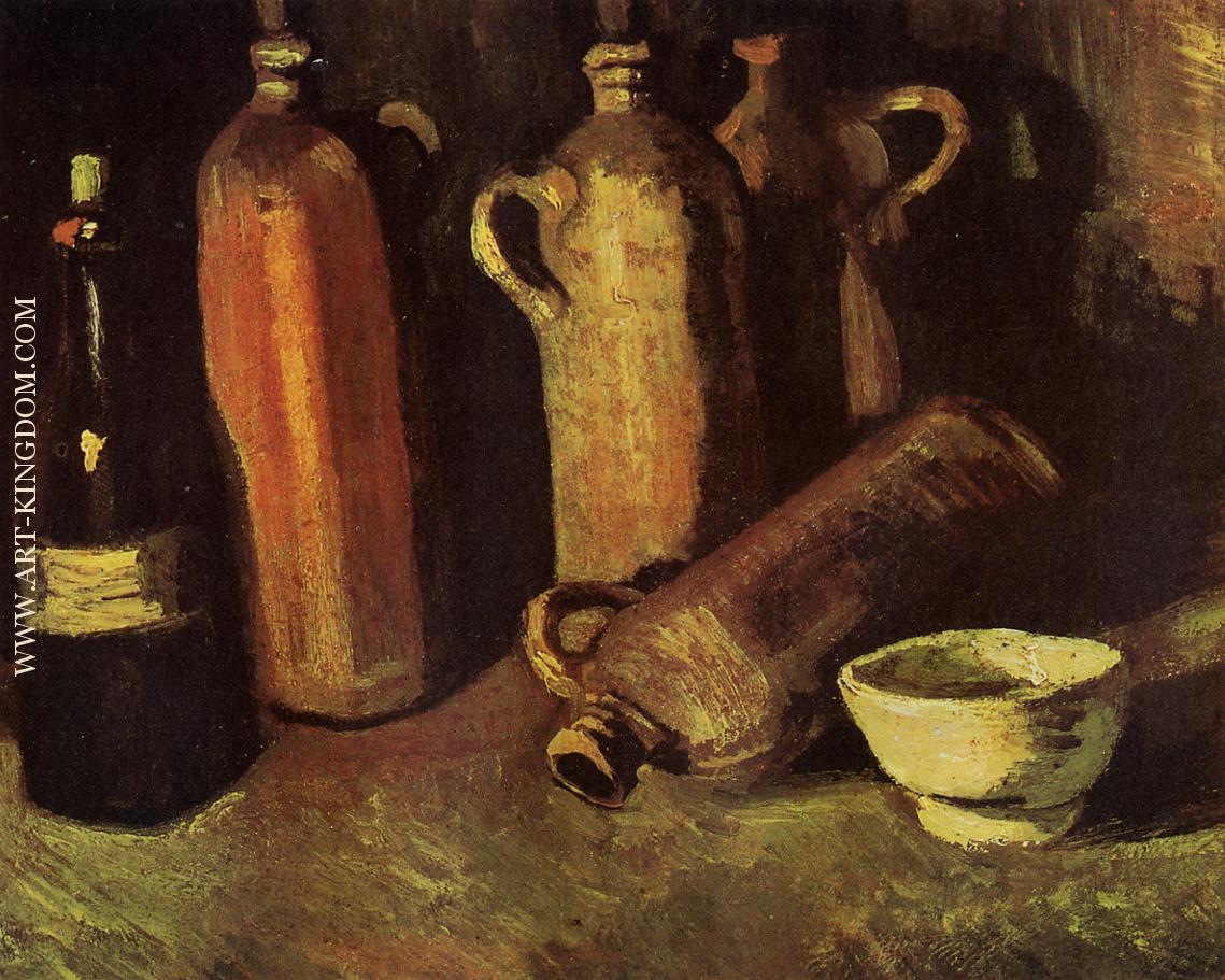 with Four Stone Bottles Flask and White Cup