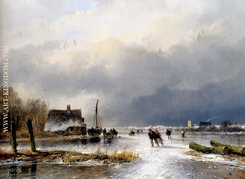 A Winter Landscape With Skaters On A Frozen Waterway