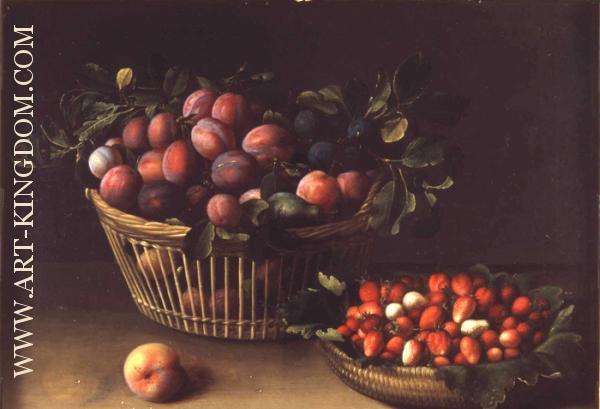 Basket of Strawberries and Basket of Plums