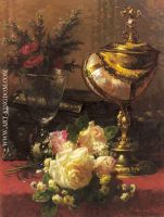 A Bouquet of Roses and other Flowers in a Glass Goblet with a Chinese Lacquer Box and a Nautilus Cup