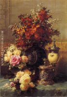 Still Life of Roses and Other Flowers a Silver gilt Ostrich Egg Cup and a German Gold gilt Tankard on