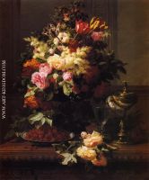 A Still Life of Roses Tulips and other Flowers on a German Compote a Plate of Raspberries a Glass