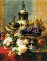 A Still Life with Roses Grapes and A Silver Inlaid Nautilus Shell