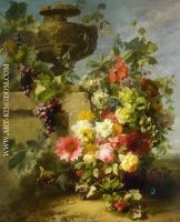 Still Life of Roses Morning Glories Chrysanthemums Forget me nots Grapes and Raspberries by a Deco