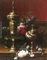 A Still Life With A German Cup A Nautilus Cup A Goblet An Cut Flowers On A Table