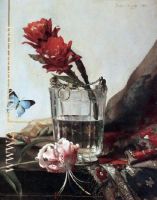 A still life with a flowering cactus in an etched crystal cooler and a butterfly against a gold 