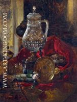 A still life with a crystal tankard and other precious objects arranged on a draped cloth