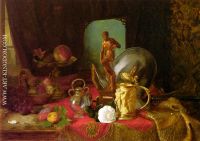 A Still Life with Fruit Objets d Art and a White Rose on a Table