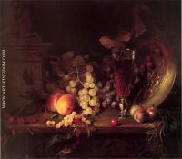Still Life with Fruit a Glass of Wine and a Bronze Vessel on a Ledge