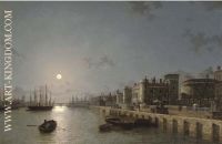 View of the Thames by moonlight towards London Bridge with the Tower of London and Traitors Gate in the for