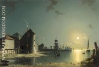 A view of Southampton harbour by moonlight with buildings and shipyards