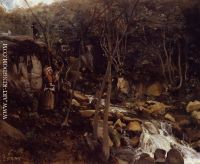 Lormes A Waterfall with a Standing Peasant Spinning Wool