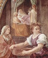 Frescoes in the Palazzo Quirinale Cappella dell Annunciata entrance wall scene Maria birth Detail 1