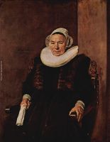 Portrait of a seated woman with white gloves in her right hand