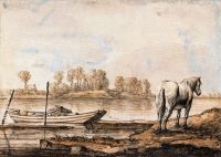 A Horse near the Bank of a River with Two Moored Row 