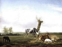 Cattle and Goats by a Pollard Tree in a Meadow Shepherd Boys Approaching Beyond