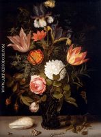 Still Life Of Roses Tulips Irises An African Marigold And Other Flowers In A Roemer Resting On A 