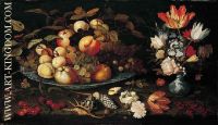 A still life of apples grapes and peaches in a blue and white porcelain bowl a bouquet of tulips 