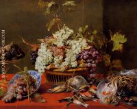 Still Life Of Grapes In A Basket And A Bunch In A Wan li Kraak Porcelain Bowl With Figs In A Tazza On A Re