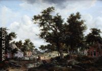 A Wooded Landscape with Travelers on a Path through a Hamlet