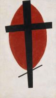 Mystic Suprematism black cross on red oval 