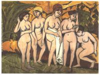 Five bathing women at a lake