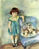 Little Girl beside a Bunch of Flowers