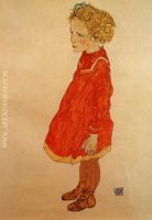 Little Girl with Blond Hair in a Red Dress