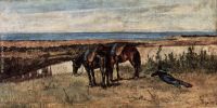 A soldier with two horses on the shore of the sea