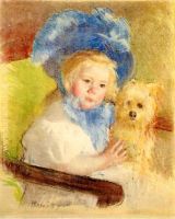 Simone in a Large Plumed Hat Seated Holding a Griffon Dog