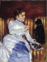 Woman on a Striped with a Dog also known as Young Woman on a Striped Sofa with Her Dog 