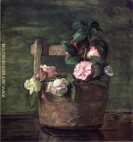 Camellias and Roses in Japanese Vase of Earthenware with Crackle