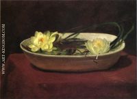 Water Lilies in a White Bowl with Red Table Cover