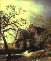 Andreas Achenbach Mill on the river landscape with watermill