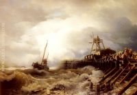 Andreas Achenbach A Fishing Boat Caught In A Squall Off A Jetty