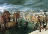 Winter Landscape with a town skaters in a frozen river and hunters