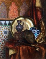 A Tambourine Knife Moroccan Tile and Plate on Satin covered Table