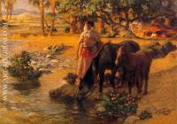 Femme faisant boire des chevaux