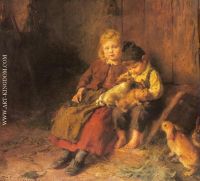 Two Children Playing with Rabbits