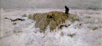 Flock of sheep with shepherd in snow
