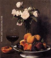 Still Life with Roses Fruit and a Glass of Wine