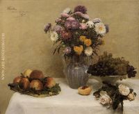 White Roses Chrysanthemums in a Vase Peaches and Grapes on a Table with a White Tablecloth