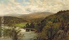 An extensive river landscape with mountains beyond