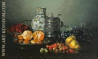 Still life of cherries grapes oranges pears a vase and a stein on a table