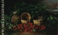 Still life with strawberries and sparrows