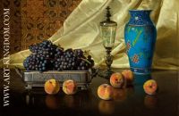 Still life with peaches and grapes in a silver dish