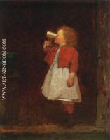 Little Girl with Red Jacket Drinking from Mug