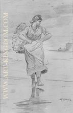 A Fisher Girl on Beach Sketch for illustration of The Incoming Tide 